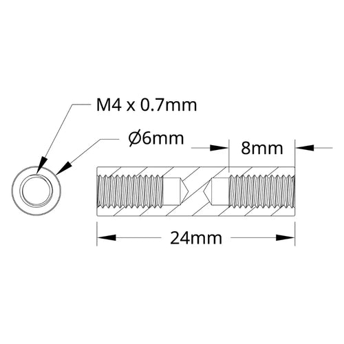 ServoCity 1501 シリーズ M4 x 0.7mm スタンドオフ (外径 6mm、長さ 24mm) - 4 個パック