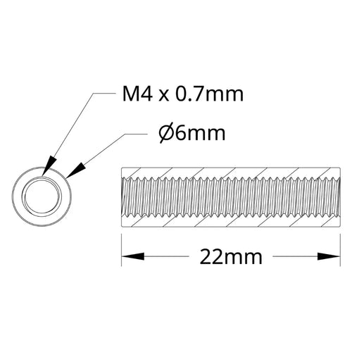 ServoCity 1501 シリーズ M4 x 0.7mm スタンドオフ (外径 6mm、長さ 22mm) - 4 個パック