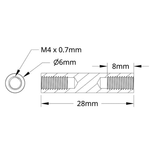 ServoCity 1501 シリーズ M4 x 0.7mm スタンドオフ (外径 6mm、長さ 28mm) - 4 個パック