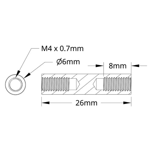 ServoCity 1501 シリーズ M4 x 0.7mm スタンドオフ (外径 6mm、長さ 26mm) - 4 個パック