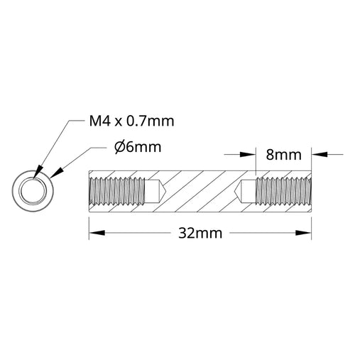 ServoCity 1501 シリーズ M4 x 0.7mm スタンドオフ (外径 6mm、長さ 32mm) - 4 個パック