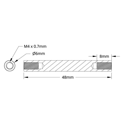 ServoCity 1501シリーズ スタンドオフ (ネジ穴 M4 x 0.7mm、外径 6mm、長さ 48mm) - 4個パック