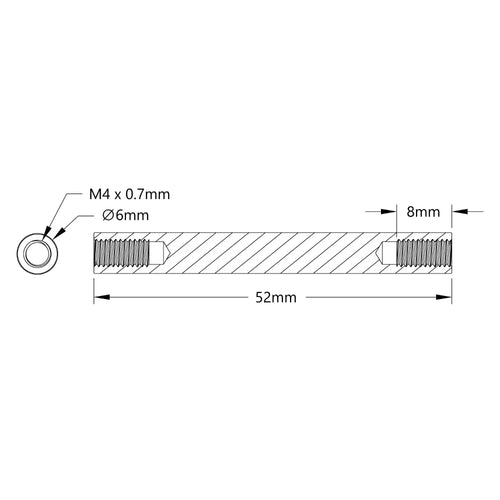 ServoCity 1501シリーズ スタンドオフ (ネジ穴 M4 x 0.7mm、外径 6mm、長さ 52mm) - 4個パック
