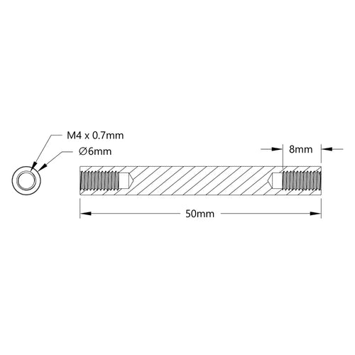 ServoCity 1501シリーズ スタンドオフ (ネジ穴 M4 x 0.7mm、外径 6mm、長さ 50mm) - 4個パック
