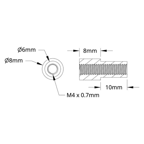ServoCity 1503シリーズ M4 x 0.7mm 段付きスタンドオフ (外径 6/8mm、長さ 10/8mm) - 4個パック