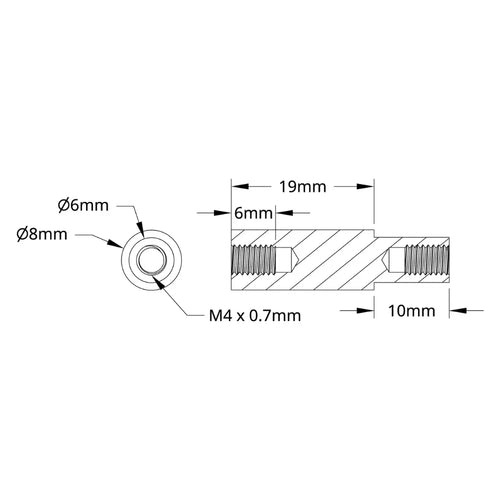 ServoCity 1503シリーズ M4 x 0.7mm 段付きスタンドオフ (外径 6/8mm、長さ 10/19mm) - 4個パック