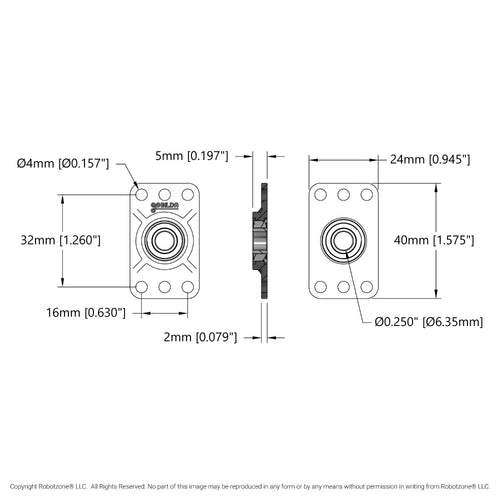  ServoCity フラットピローブロック (内径 6.35mm、取り付けパターン 16mm x 32mm) - 2個パック