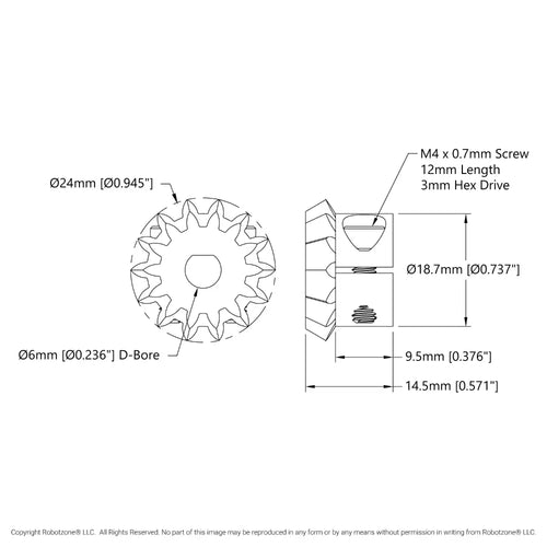 ServoCity 2306 シリーズ スチール、MOD 1.5、クランプ ピニオン ベベル ギア (6mm D ボア、14 歯)