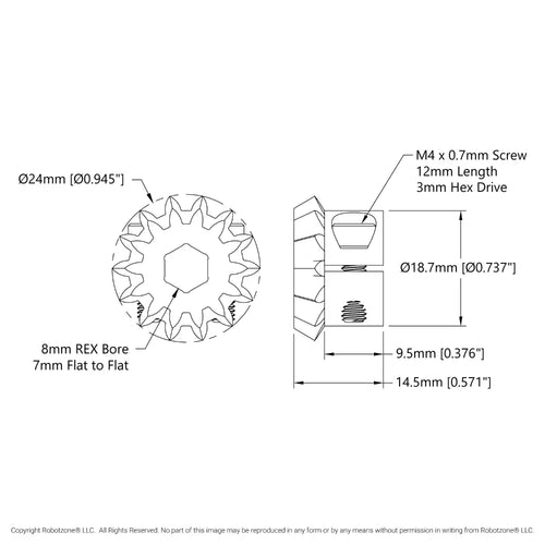 ServoCity 2306 シリーズ スチール、MOD 1.5、クランプ ピニオン ベベル ギア (8mm REX™ ボア、14 歯)