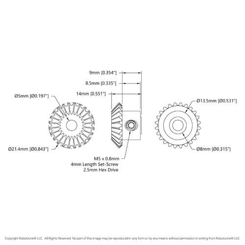 ServoCity 2317 シリーズ MOD 0.8 スチール マイター ギア (セット スクリュー、5 mm 丸穴、24 歯)