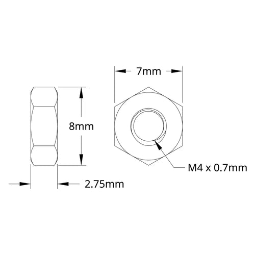 ServoCity 2811 シリーズ 亜鉛メッキ鋼六角ナット (M4 x 0.7mm、7mm 六角) - 25 個パック