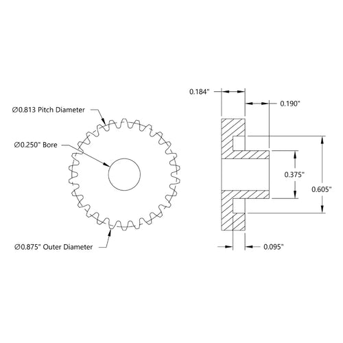 ServoCity 32P、26T、内径0.250" (1/4)、プレーンボアギア (デルリン)