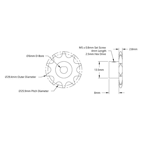 ServoCity 3307 シリーズ 8mm ピッチ スチール セットスクリュー スプロケット (6mm D ボア、10 歯)