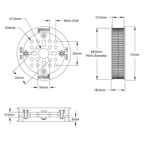 ServoCity 3402シリーズ 3mmピッチ プラスチックハブマウント HTDタイミングベルトプーリ (内径 14mm、歯数 72)