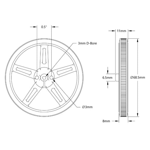 ServoCity 3602シリーズ プレスフィット ホイール (3mm D形ボア 直径70mm) - 2個