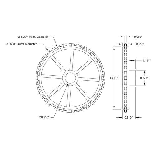 ServoCity 40歯 プレスフィットスプロケット (0.1227 Inch (3.1mm) ピッチ 内径 0.250 Inch (6.3mm))