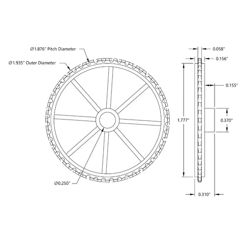 ServoCity プレスフィットスプロケット (歯数 48、ピッチ 3.117mm、内径 6.35mm)