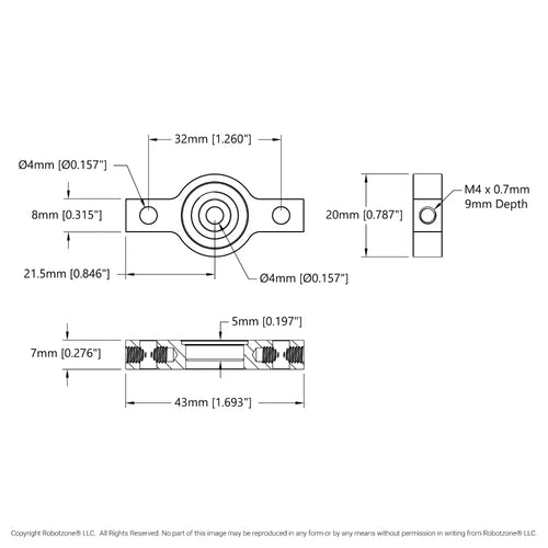 ServoCity 4mmボア 2サイド 1ポスト ピローブロック (幅43mm)