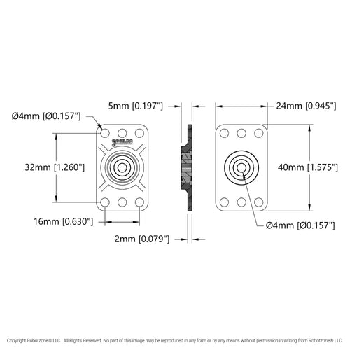 ServoCity フラットピローブロック (内径 4mm、取付パターン 16mm x 32mm) - 2個パック