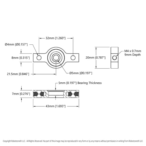 ServoCity 内径5mm 2サイド、1ポスト ピローブロック (幅 43mm)