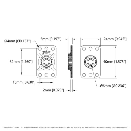 ServoCity フラットピローブロック (内径 6mm、取り付けパターン 16mm x 32mm) - 2個パック