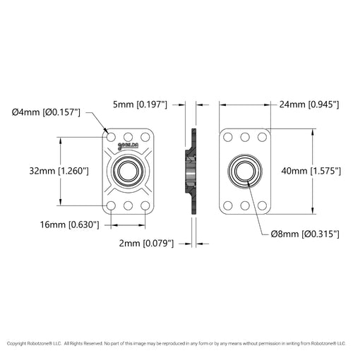  ServoCity フラットピローブロック (内径 8mm、取り付けパターン 16mm x 32mm) - 2個パック
