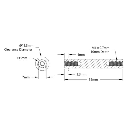 ServoCity 8mm REX™ シャフト (E クリップ付き) (ステンレススチール、長さ 52mm)