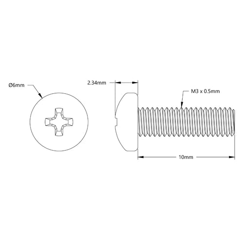 ServoCity M3 x 0.5mm 亜鉛メッキ なべ頭ネジ (長さ 10mm) - 6 個パック