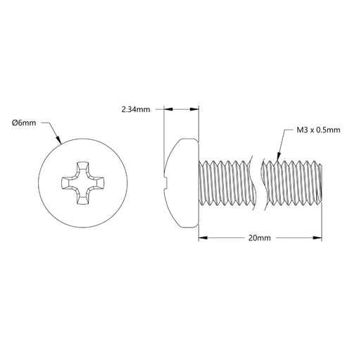 ServoCity M3 x 0.5mm 亜鉛メッキ なべ頭ネジ (長さ 20mm) - 6 個パック