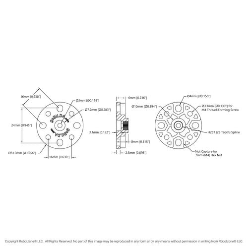 ServoCity プラスチック サーボ ハブ (H25T スプライン、直径 32mm)