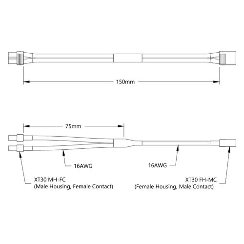 ServoCity XT30 Yハーネス (シングル FH-MC XT30 からデュアル MH-FC XT30、長さ 150mm)