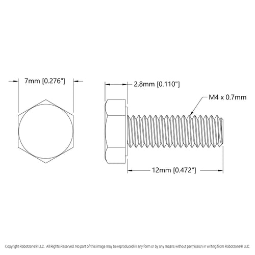 ServoCity 亜鉛メッキ鋼製六角ネジ (M4 x 0.7mm 長さ12mm) - 25個