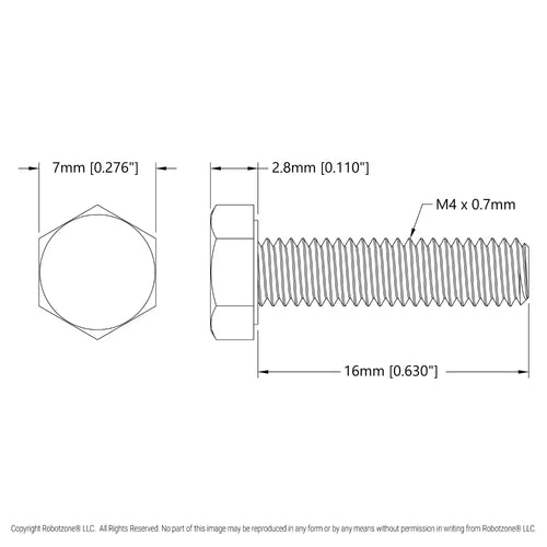 ServoCity 亜鉛メッキ鋼製六角ヘッドネジ (M4 x 0.7mm、長さ 16mm) - 25個パック