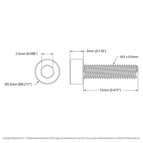 ServoCity 亜鉛メッキ鋼製ソケットヘッドネジ (M3 x 0.5mm、長さ 12mm) - 6 個パック