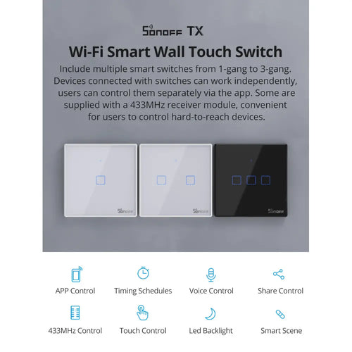 SONOFF TXシリーズ WiFi 壁スマートスイッチ (T3 USタイプ 1ギャング 黒)