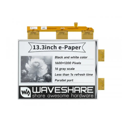 Waveshare 13.3 インチ E ペーパー E インク Raw ディスプレイ、1600×1200、黒/白、16 グレースケール、パラレル ポート、PCB なし