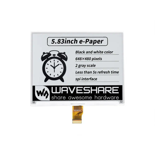 Waveshare 5.83 インチ E ペーパー E インク Raw ディスプレイ、648×480、ブラック/ホワイト、SPI、PCB なし