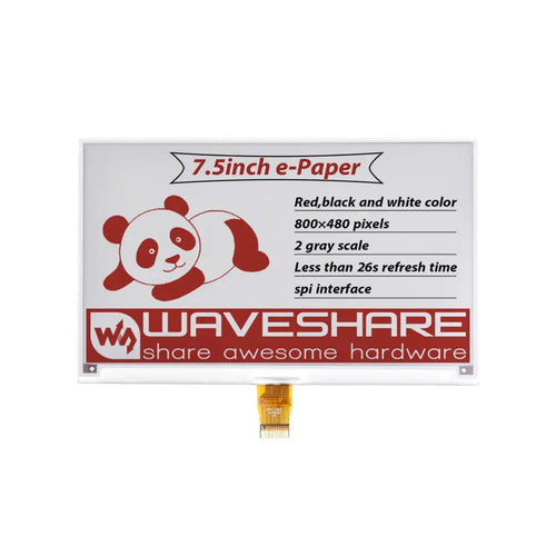 Waveshare 7.5 インチ E ペーパー (B) E インク Raw ディスプレイ、800×480、赤/黒/白、SPI、PCB なし