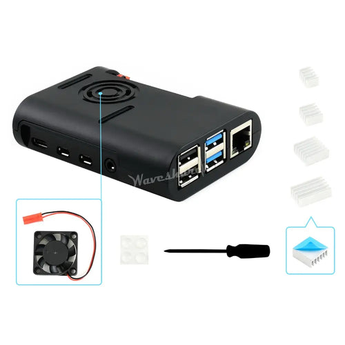 Waveshare Raspberry Pi 4用 ブラック ABSケース 冷却ファン付き
