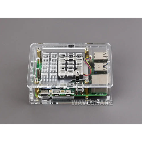 Waveshare Raspberry Pi 5用透明アクリルケース、公式アクティブクーラーの取り付けをサポート