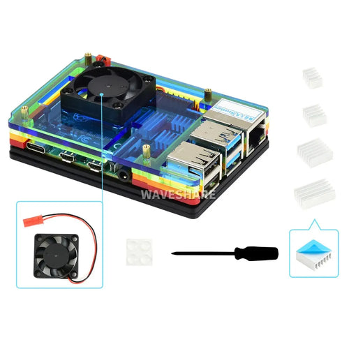 Waveshare カラフルレインボーアクリルケース Raspberry Pi 4用 冷却ファン付き