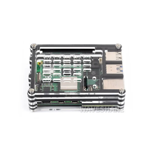 Waveshare 透明&amp;黒アクリルケース Raspberry Pi 5用、公式アクティブクーラーの取り付けをサポート