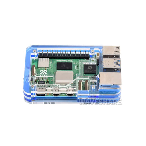 Waveshare 透明 &amp; ブルー アクリルケース Raspberry Pi 5 用、公式アクティブクーラーの取り付けをサポート